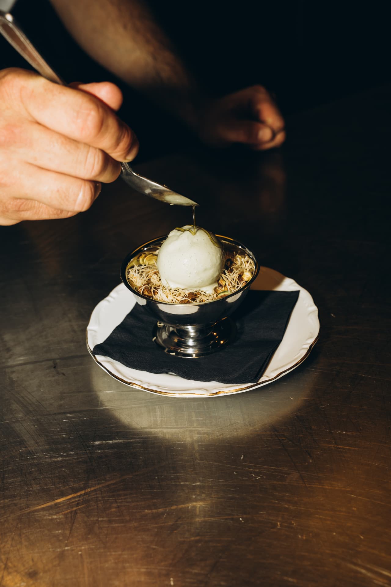 Dessert with ice cream, kadayif and honey