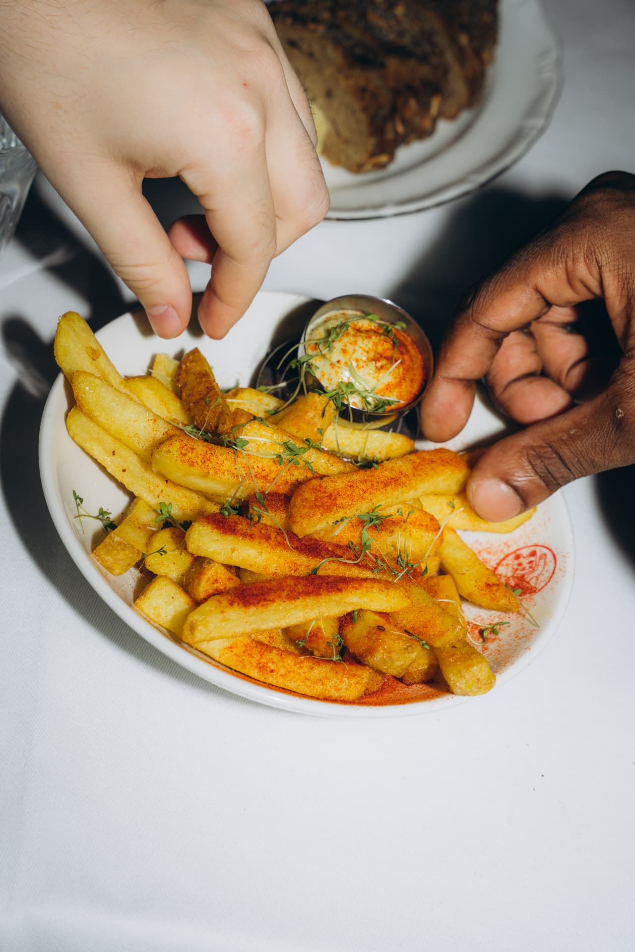 Fries with paprika and dip, shared at the table